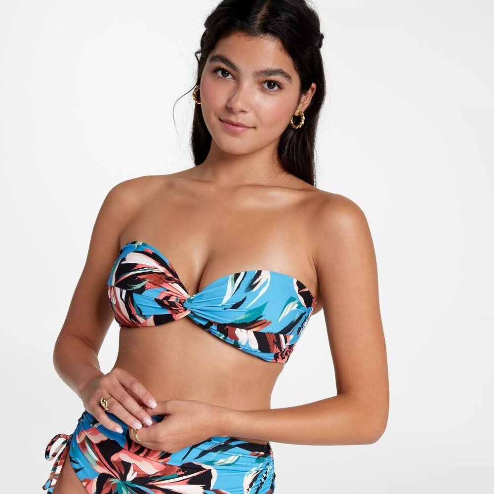 CALIA Women's Twisted Bandeau Swim Bikini Top, XL, Tranquil Blue Floral